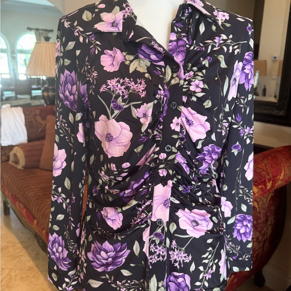Floral Button Down Shirt - Black and Purple
